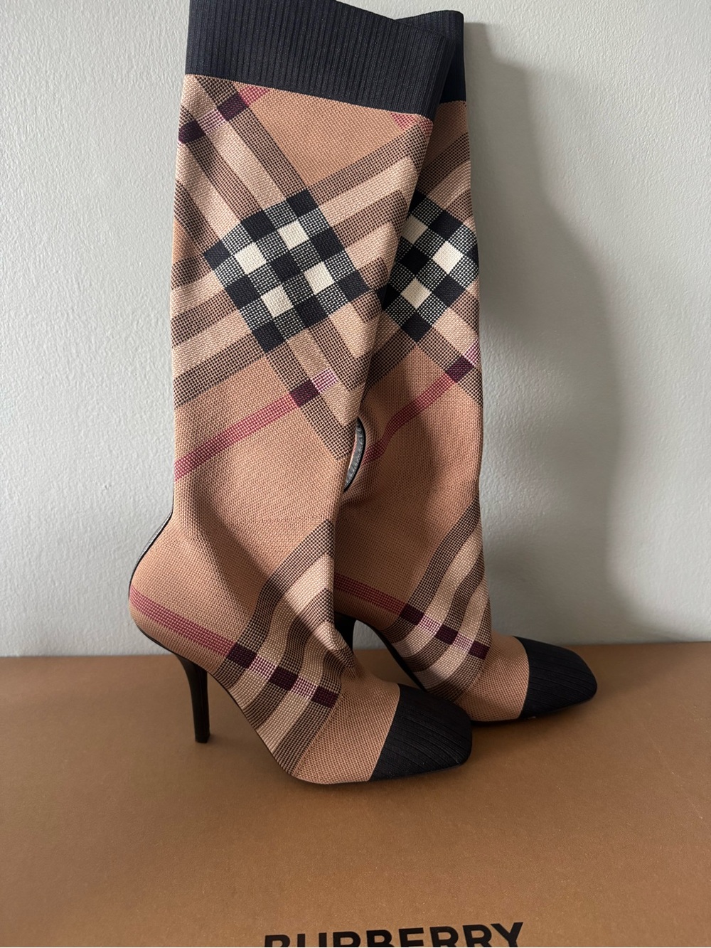 Burberry Tan Plaid Sock Boots with Black Accents